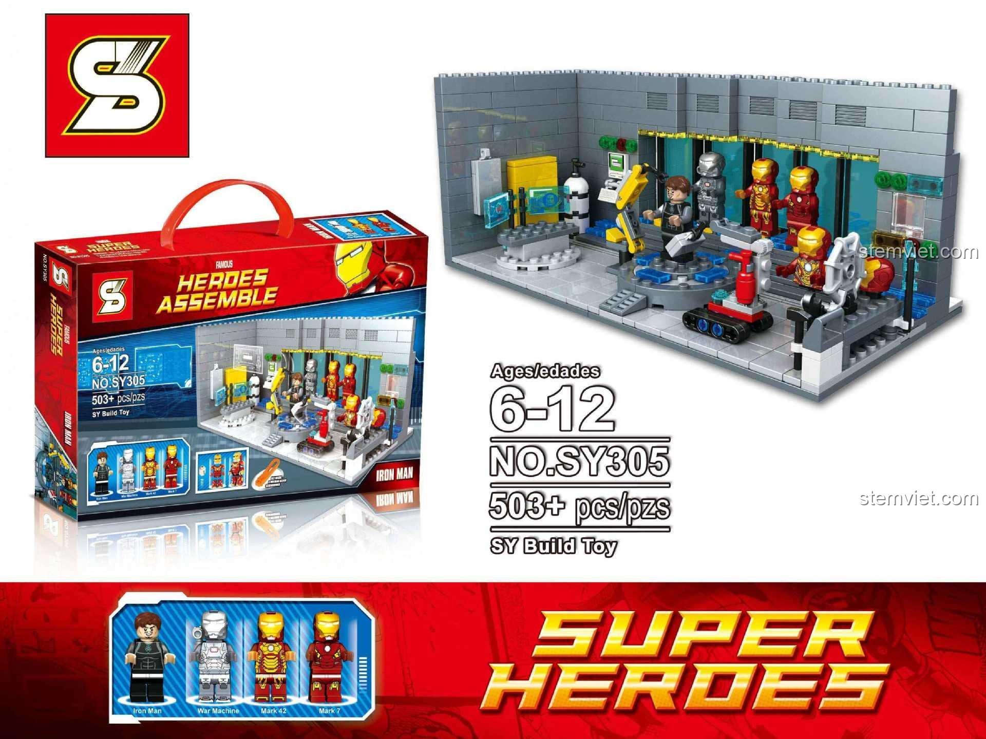 Hộp đồ chơi lắp ráp SY SY305 Phòng Thí Nghiệm Người Sắt, bộ xếp hình Iron Man Lab 503 mảnh cho bé trai 6 tuổi, giá rẻ.