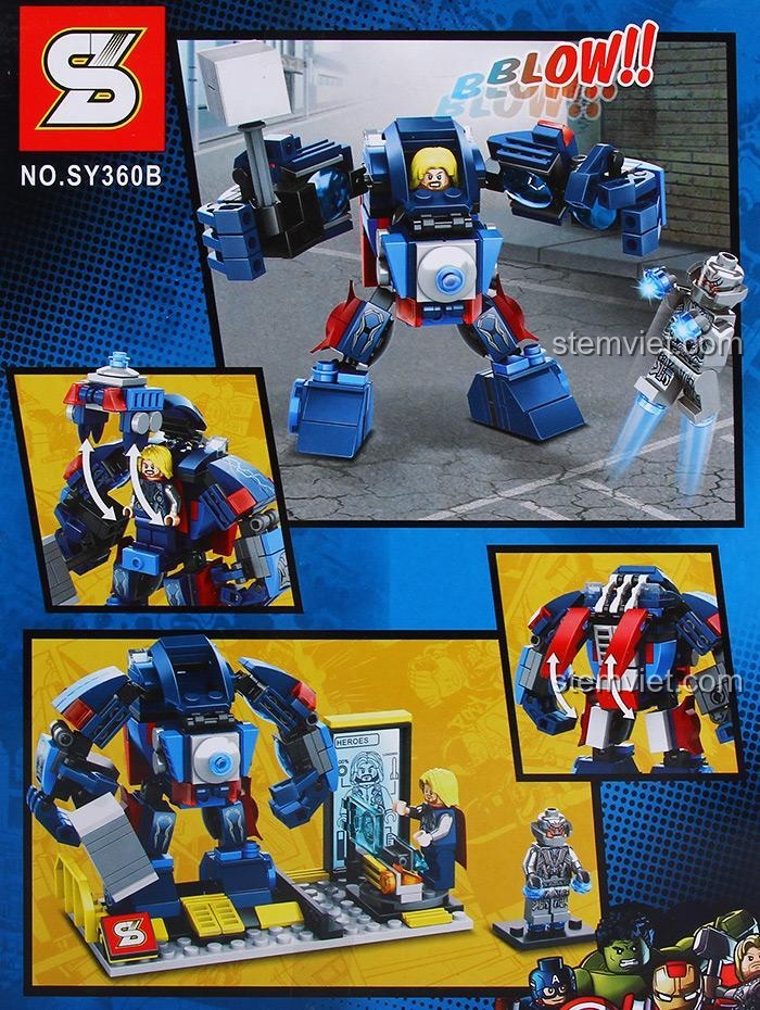 Mô hình Hulkbuster của Thor SY360B với khớp nối linh hoạt, buồng lái mở được, có minifigure Thor và Ultron.