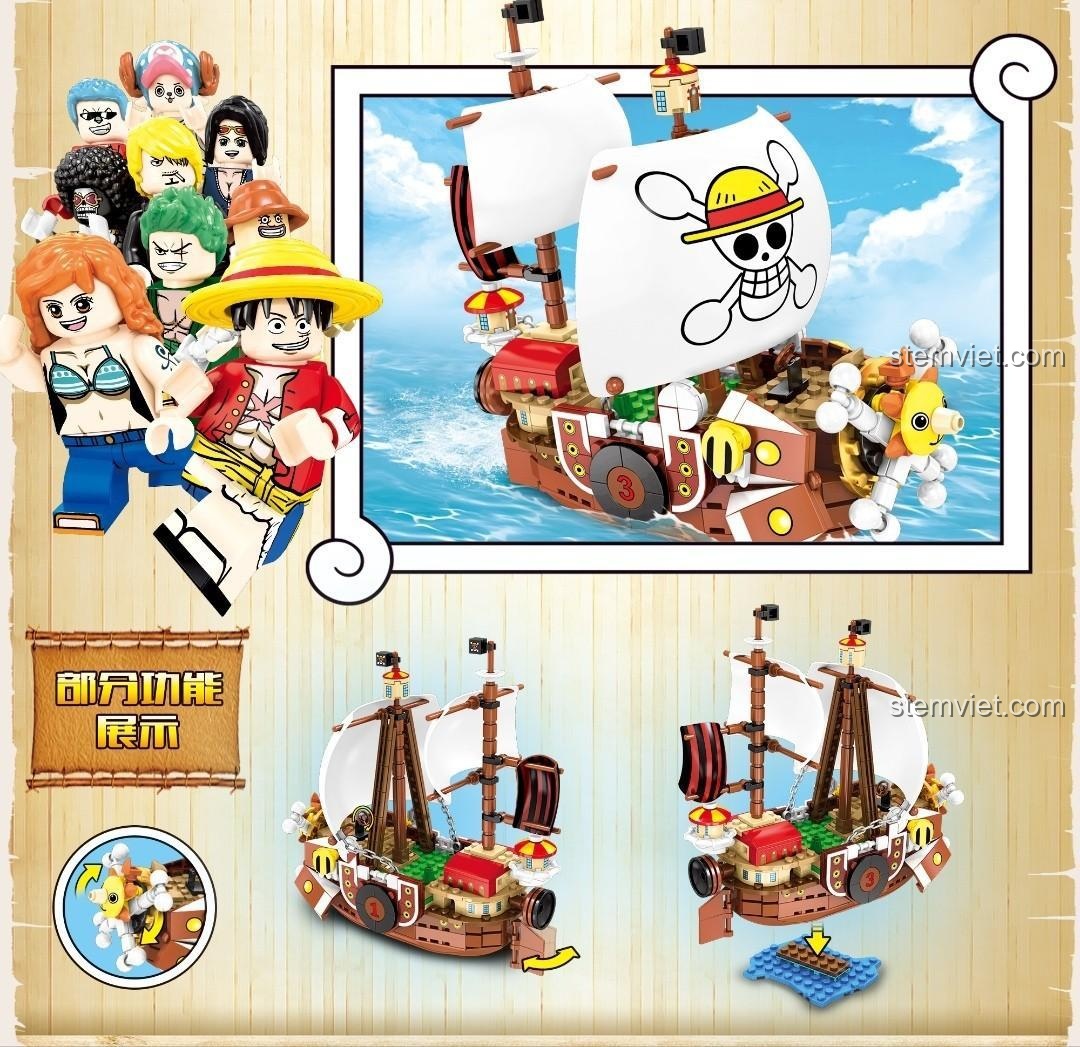 Chi tiết bộ lắp ráp tàu Thousand Sunny SY6299 với 9 nhân vật băng Mũ Rơm và các tính năng độc đáo, giá rẻ.