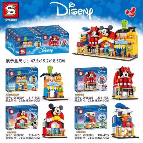 Toàn cảnh bộ sưu tập 4 trong 1 đồ chơi mô hình SY6800A Phố Disney, bao gồm cửa hàng của Goofy, Minnie, Mickey và Donald. Món quà giá rẻ cho bé gái 6 tuổi.