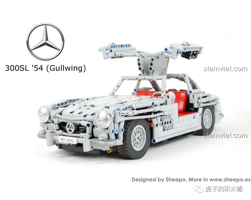 Mẫu MOC xe Mercedes 300SL Gullwing của Sheepo, nổi bật với cửa cánh chim và các chi tiết cổ điển.
