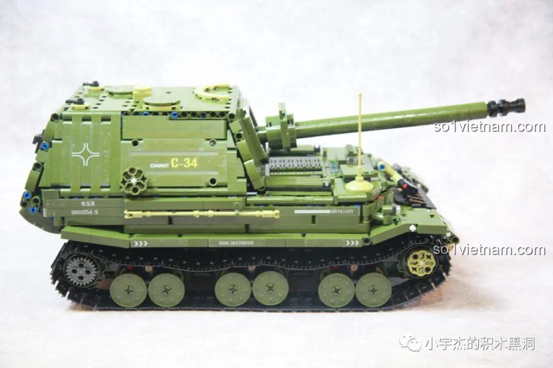 Mô hình Taigao Le T4012 Xe Tăng Diệt Ferdinand từ góc nhìn bên, với các chi tiết phụ kiện và ký hiệu trên thân xe.