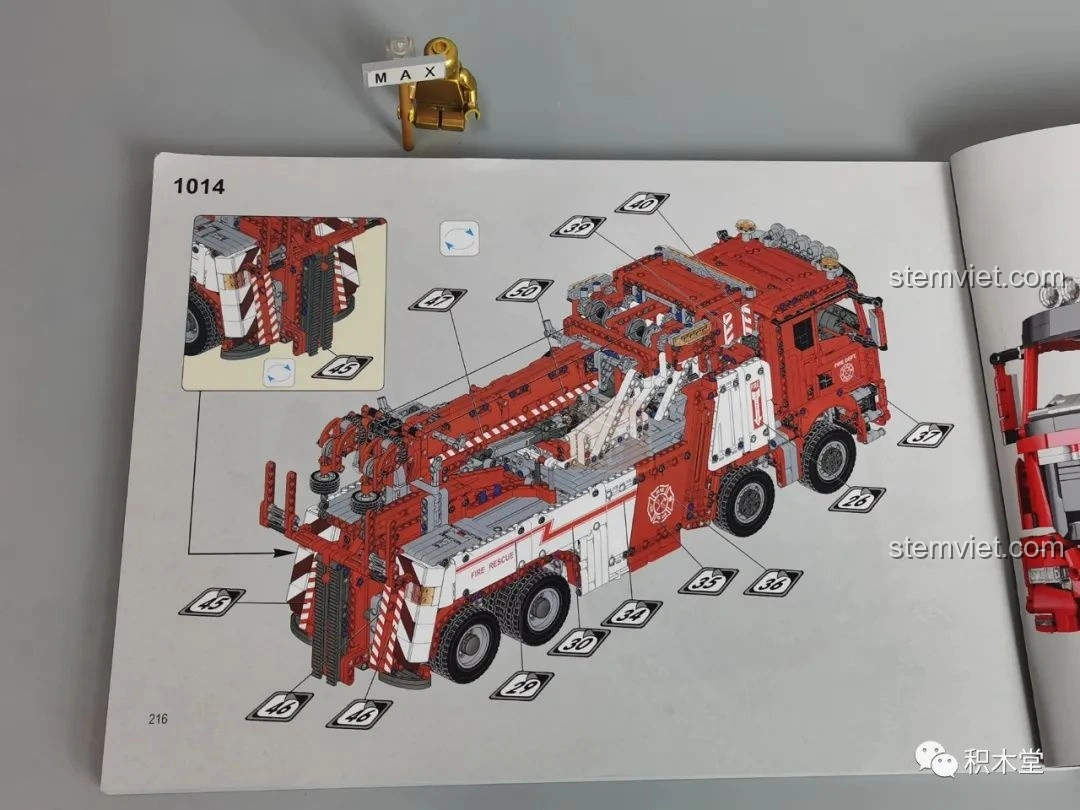 Sơ đồ tổng thể của mô hình Taigaole T4007 Xe Cứu Hỏa Cứu Nạn đã hoàn thành, hiển thị các điểm chức năng và chi tiết.