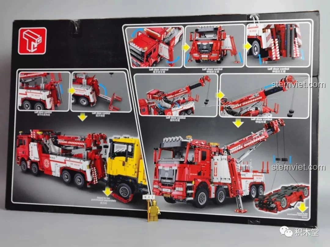 Mặt sau hộp Taigaole T4007 Xe Cứu Hỏa Cứu Nạn hiển thị các chức năng và khả năng điều khiển từ xa của mô hình.