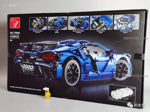 Hộp sản phẩm bộ lắp ráp Taigaole T5004 Bugatti Divo, hiển thị 3728 mảnh ghép và độ tuổi 6+. Hộp có dòng chữ 'TECHNOLOGY Racing Parts' và 'SCIENCE AND TECHNOLOGY BUILDING BLOCK SERIES', cùng dòng chữ '限量版 电镀金属漆' (Limited edition electroplated metal paint). Đây là đồ chơi mô hình Bugatti Divo giá tốt cho bé trai.