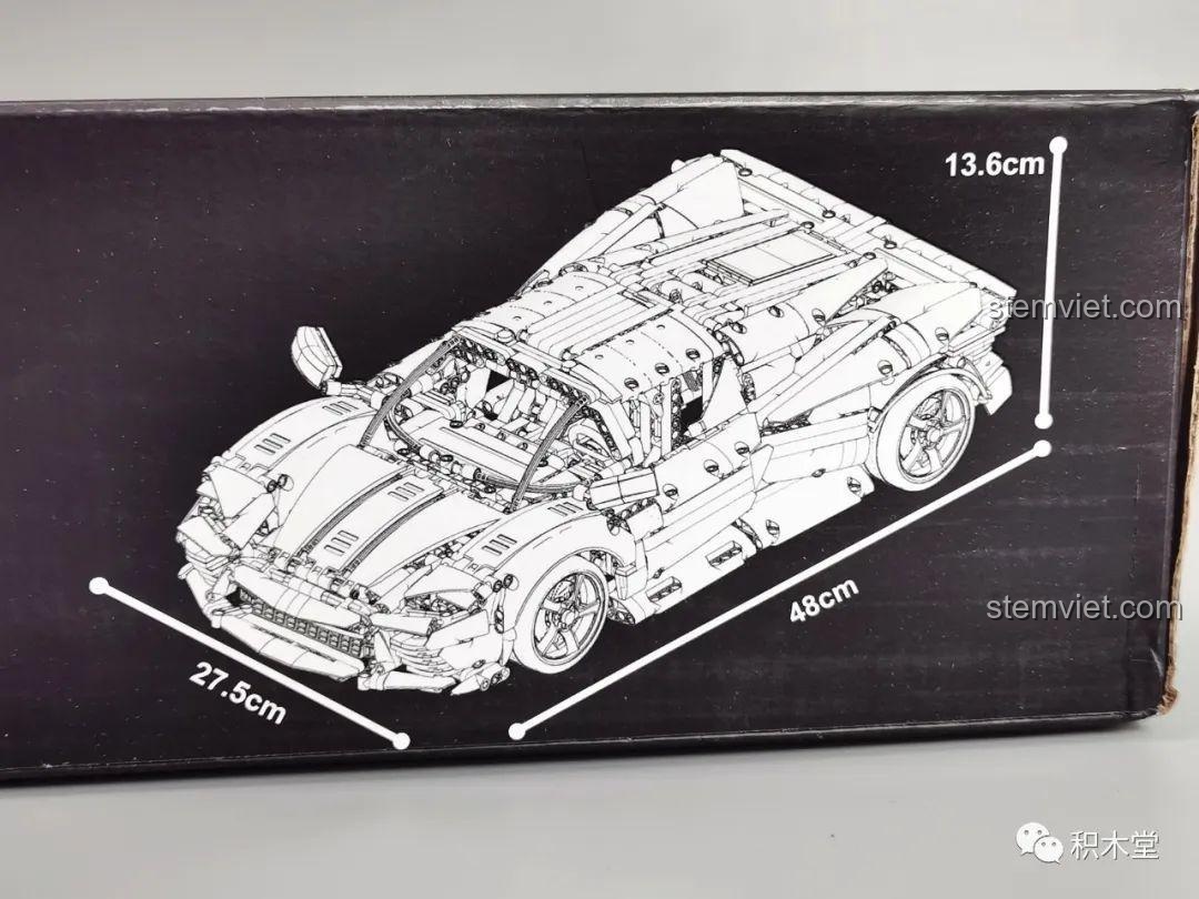 Sơ đồ kích thước mô hình Ferrari Daytona SP3 T5032, tỉ lệ 1:10, Taigaole Ferrari Daytona SP3, đồ chơi lắp ráp cho bé trai 8 tuổi.