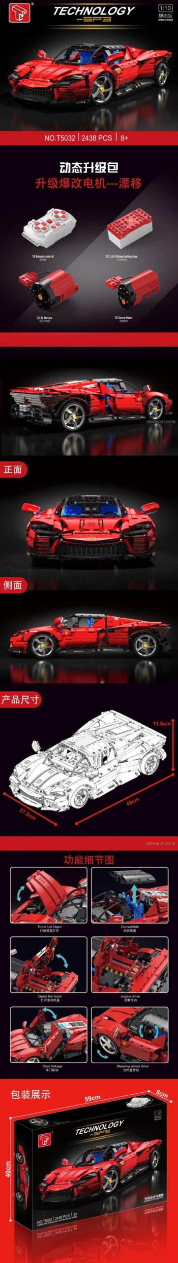 Thông số kỹ thuật mô hình Ferrari Daytona SP3 T5032, tỉ lệ 1:10, có thể nâng cấp RC, phù hợp bé trai 8 tuổi, đáng tiền.