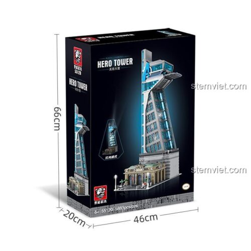 Hộp sản phẩm Taige Blocks 55120 Tòa Tháp Avengers với kích thước 46x20x66cm, thể hiện rõ số chi tiết 5883 mảnh, bộ lắp ghép chất lượng cao cho bé trai.