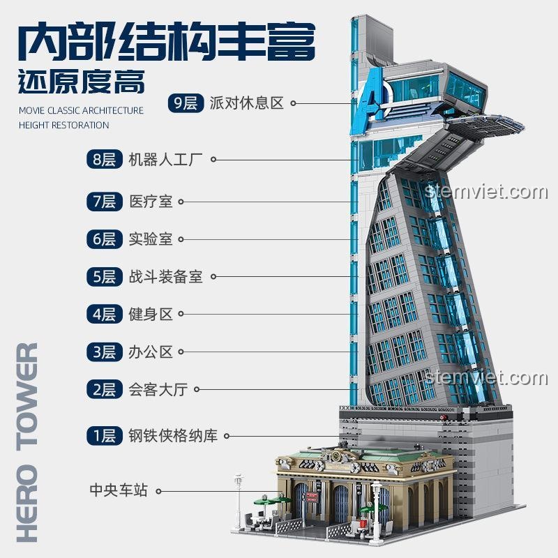 Poster quảng cáo Taige Blocks 55120 Tòa Tháp Avengers, hiển thị kích thước mô hình 51x30x86.5cm, số chi tiết 5883 mảnh, tính năng đèn LED và thiết kế mở, đồ chơi mô hình chất lượng cao cho bé trai.