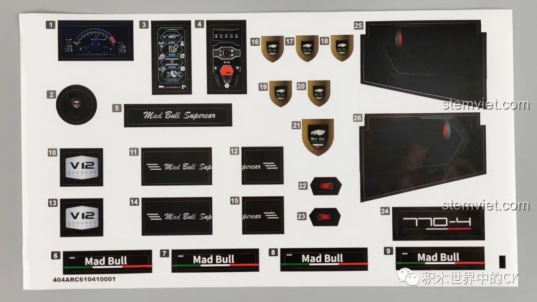 Tấm sticker đầy đủ các chi tiết cho bảng điều khiển, logo và ngoại thất của bộ xếp hình Siêu xe Lamborghini Centenario.