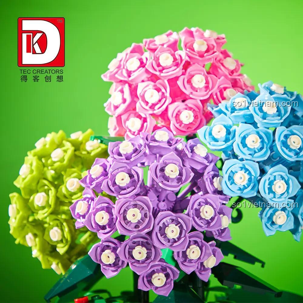 đồ chơi mô hình 3029 Giỏ Hoa Cẩm Tú Cầu, chi tiết hoa cẩm tú cầu màu hồng tím xanh, chất lượng cao, cho bé gái 8 tuổi