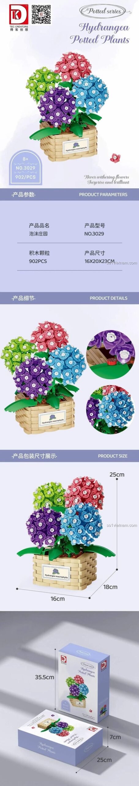 đồ chơi lắp ghép Chậu Hoa Cẩm Tú Cầu TEC CREATORS 3029, kích thước mô hình và hộp, 902 chi tiết, cho bé gái 8 tuổi