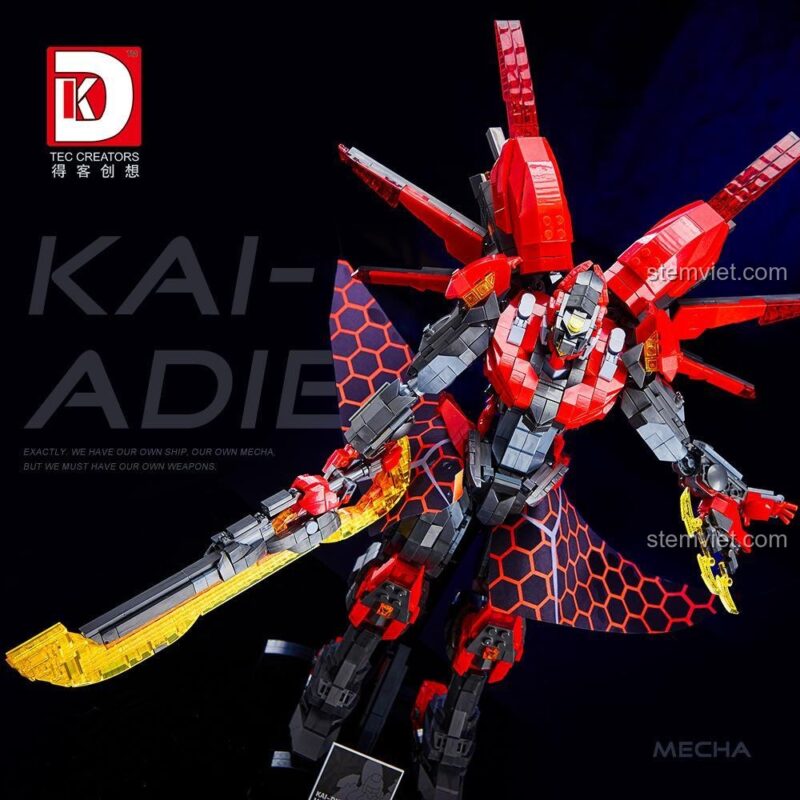 Bộ lắp ghép Robot Khải trong tư thế vung thanh đại đao rực lửa, một món đồ chơi sáng tạo cho các bé.