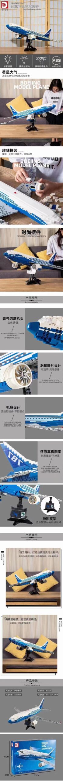 Hộp đồ chơi lắp ráp TEC Creators 80009 Máy bay Boeing 787 Dreamliner, với hình ảnh mô hình chi tiết và thông số.