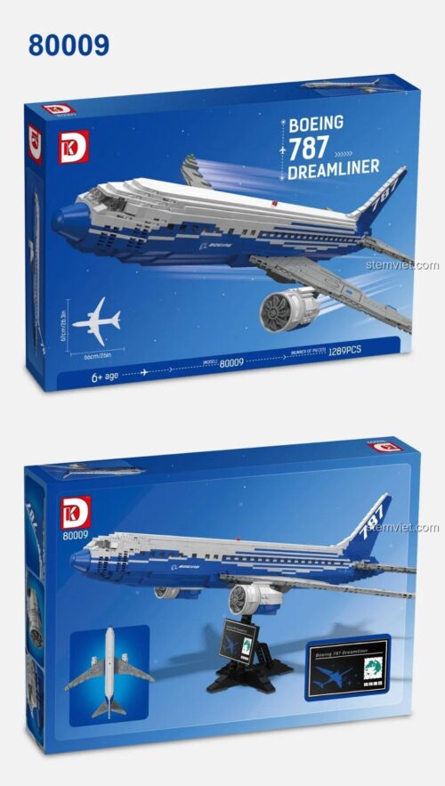 Hộp bộ xếp hình TEC Creators 80009 Máy bay Boeing 787 Dreamliner, thể hiện kích thước mô hình 67cm, phù hợp bé trai 6 tuổi.