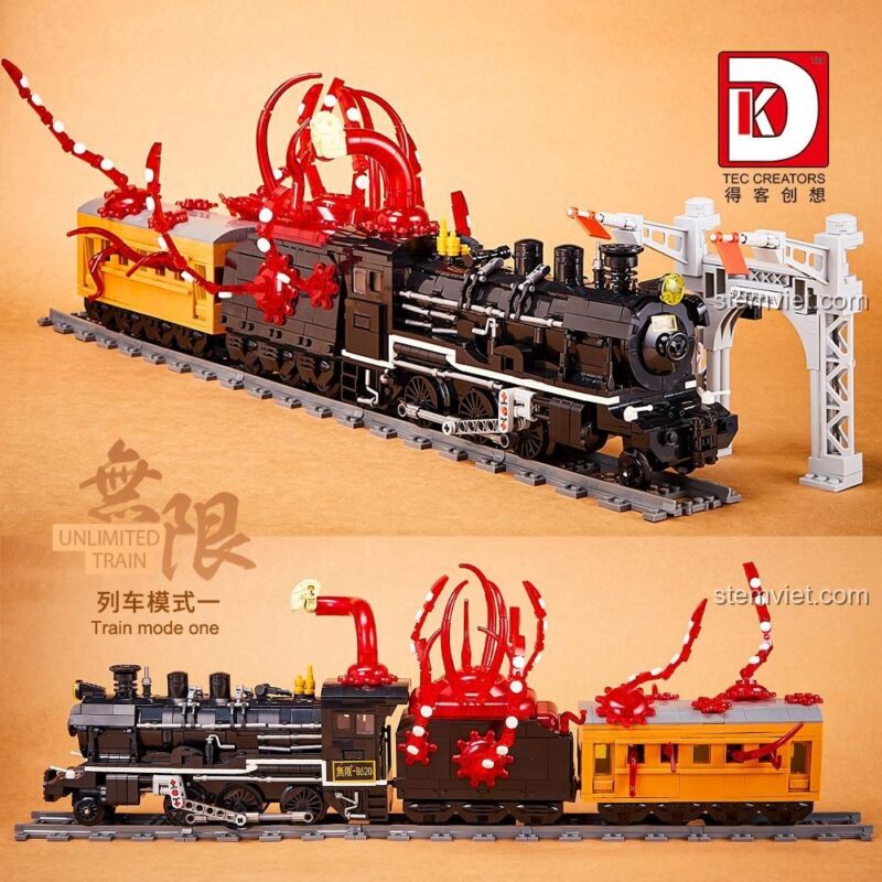 Hai chế độ lắp ráp của bộ lắp ghép Tàu Hỏa Vô Hạn 80017, bao gồm chế độ quỷ và chế độ bình thường, đồ chơi giáo dục.