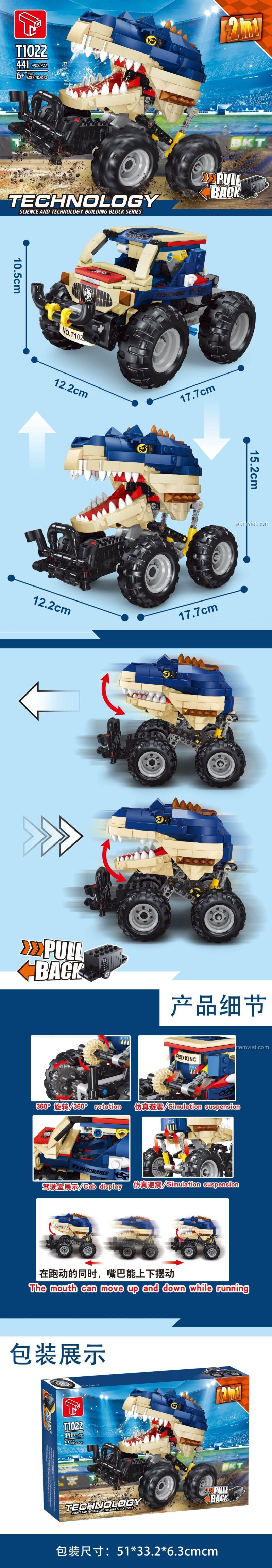 Chi tiết tính năng của bộ xếp hình Technic Xe địa hình đầu khủng long T1022, bao gồm kích thước, cơ chế kéo lùi và miệng cử động.