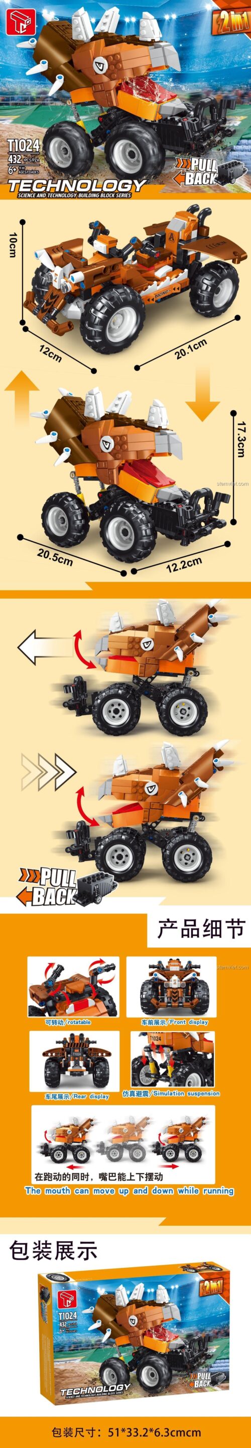 Kích thước và tính năng của bộ lắp ghép Xe địa hình Triceratops TEC Creators T1024, với động cơ kéo lùi và miệng cử động độc đáo.