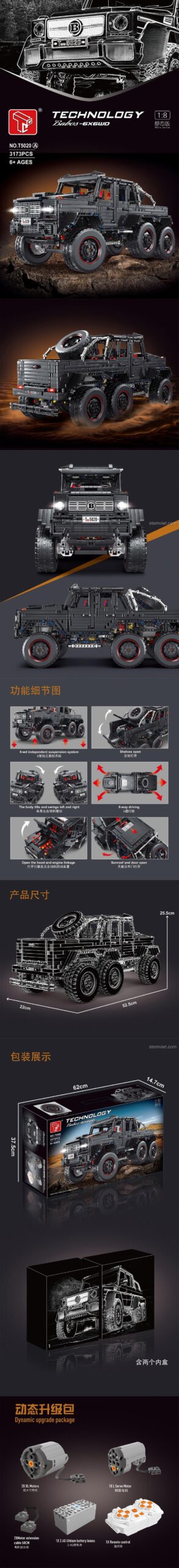 Mô hình Mercedes-Benz G63 AMG 6x6 TECHNOLOGY T5020A chi tiết, thể hiện kích thước 52.5x22x25.5cm và các tính năng đặc biệt của xe địa hình 6 bánh.
