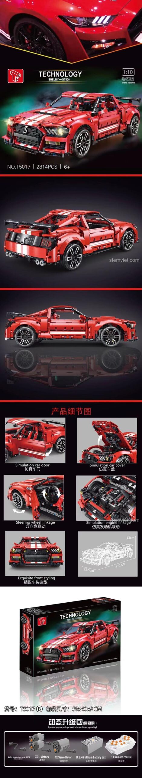 Poster chi tiết các tính năng của bộ lắp ráp TGL T5017B Shelby GT500 màu đỏ. Ford Mustang Shelby GT500 TGL là một bộ Technic đáng mua.