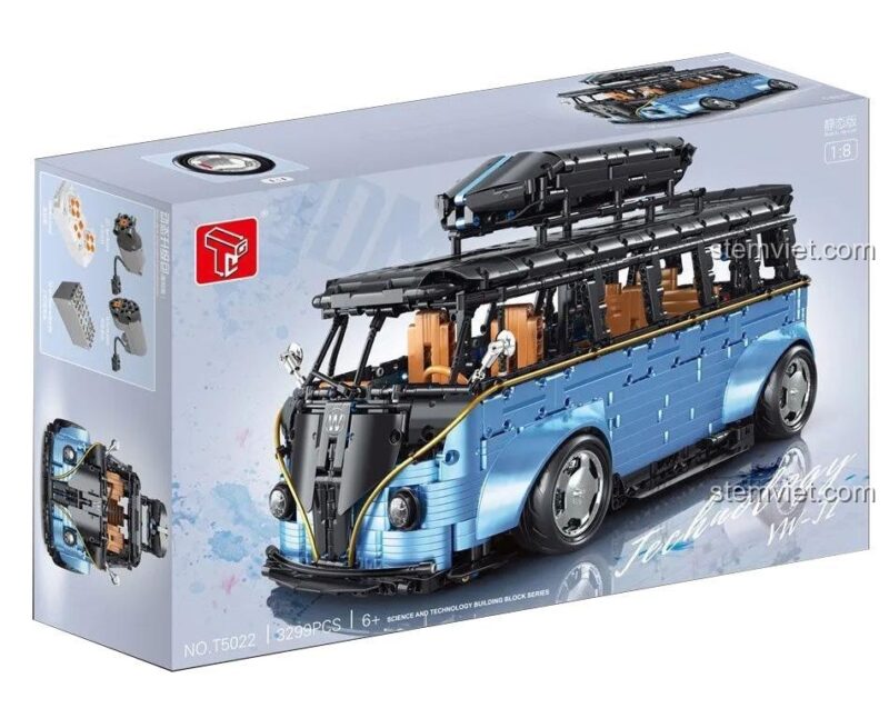 Hộp sản phẩm bộ đồ chơi lắp ráp xe bus Volkswagen T1 TGL T5022A với 3299 chi tiết, lựa chọn thay thế tiết kiệm cho LEGO® Technic.
