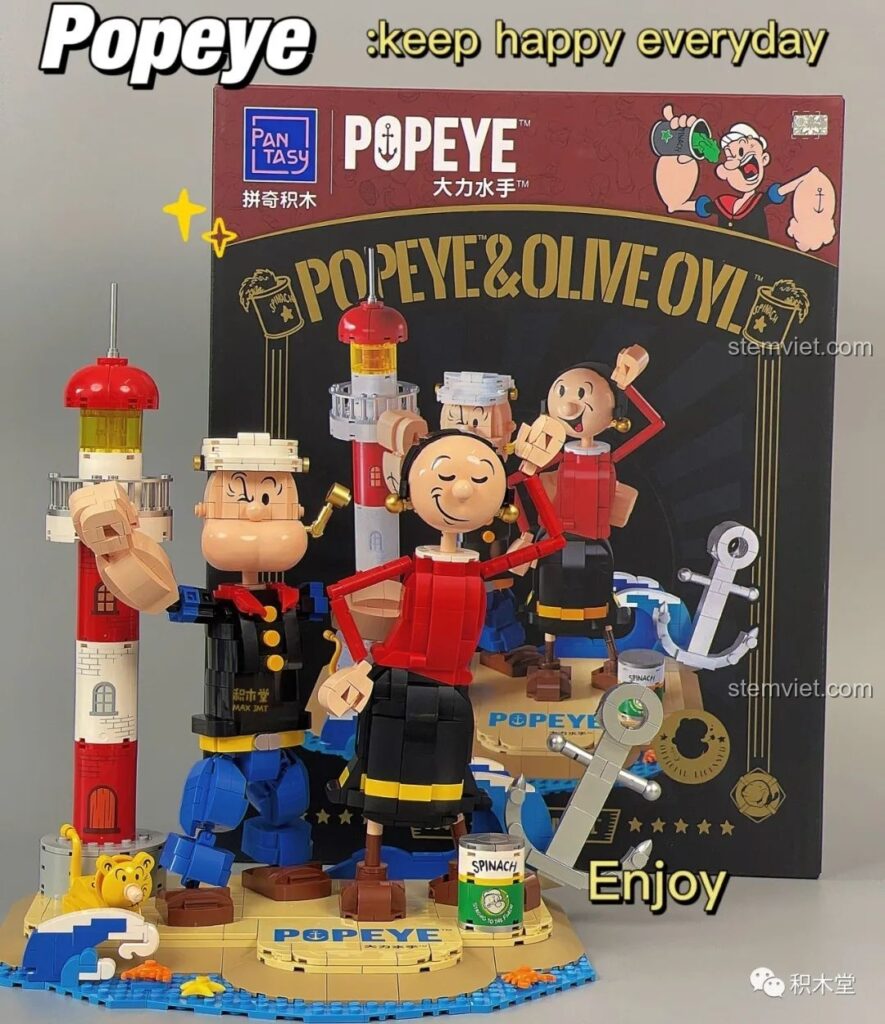 Thành phẩm bộ lắp ráp Pantasy 86401 Thủy thủ Popeye và Olive Oyl cùng hộp sản phẩm, một món đồ chơi hoài niệm cho thanh niên.