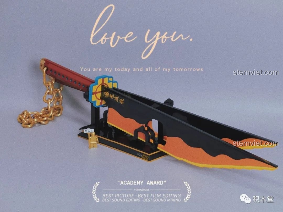 Toàn cảnh bộ lắp ráp Song Đao Nichirin của Âm Trụ Uzui Tengen 1507 sau khi hoàn thành, đặt trên giá đỡ.