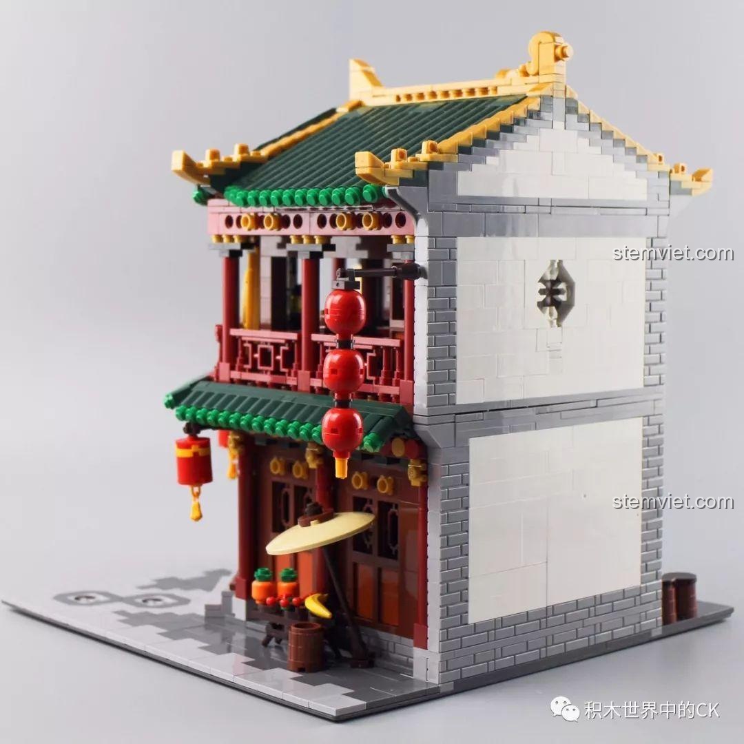 Mô hình Trà Quán Hương茗 XB-01021 hoàn chỉnh nhìn từ góc bên phải, thấy rõ quầy hàng.