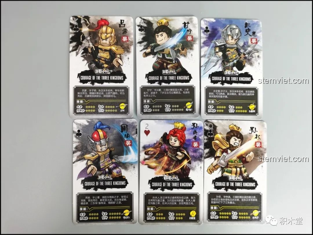 Sáu thẻ bài nhân vật tương ứng với sáu minifigure trong bộ DECOOL 2030C, một món đồ sưu tầm giá trị.