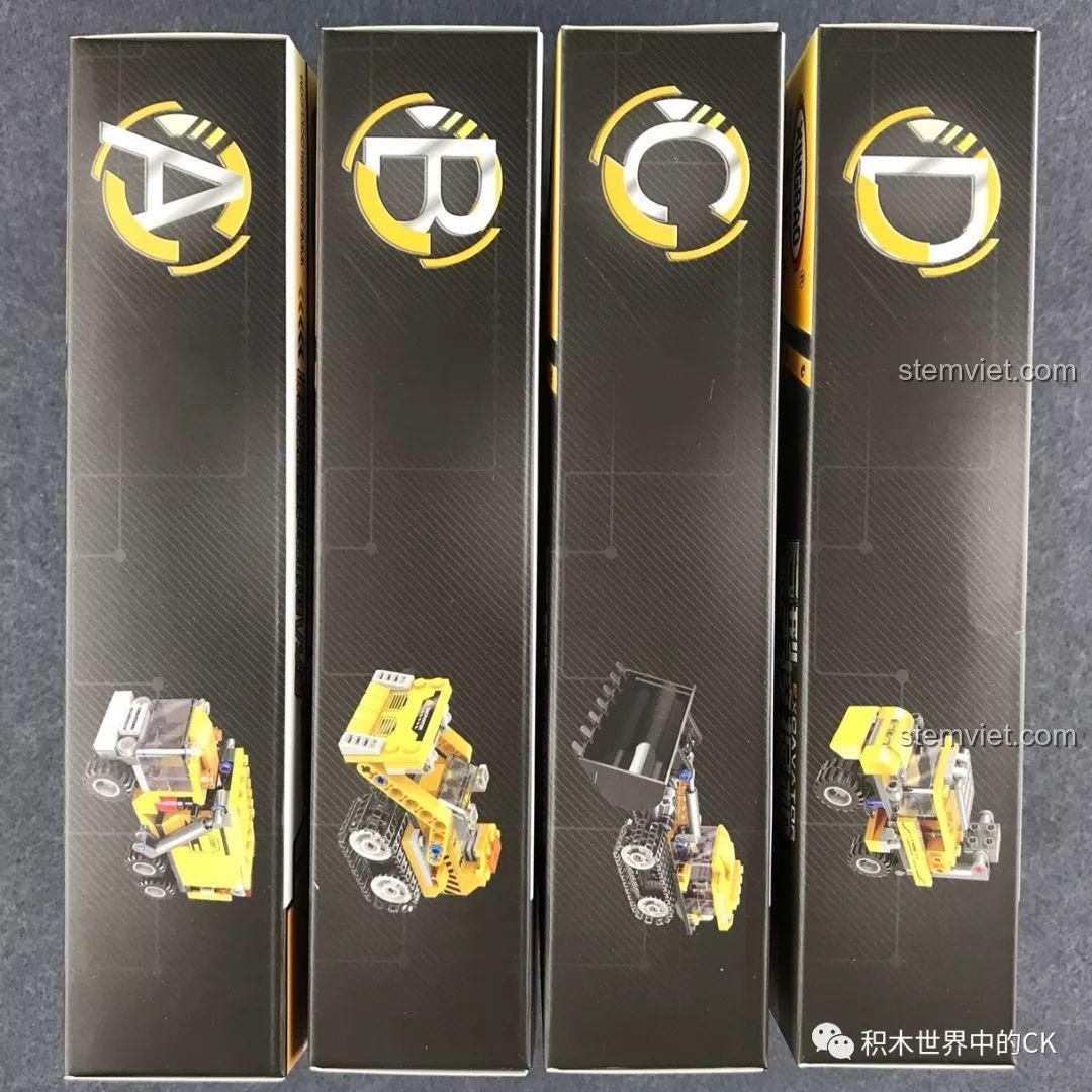 Thiết kế gáy của bốn hộp A, B, C, D trong bộ xếp hình Xingbao 3002, thể hiện sự chuyên nghiệp và dễ sắp xếp.