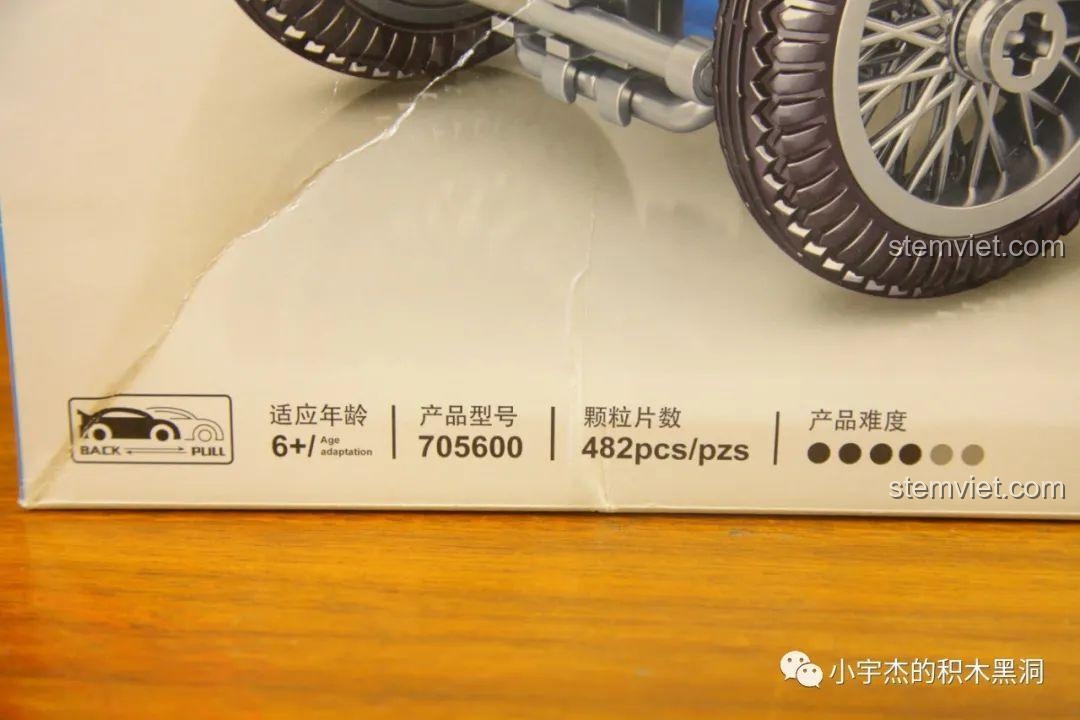 Thông số cơ bản của bộ lắp ghép Bugatti T38A 705600: 482 chi tiết, độ tuổi 6+, và có chức năng kéo lùi (pull back).