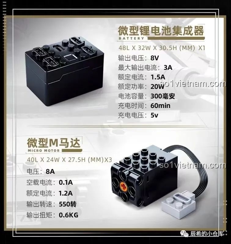 Bảng thông số kỹ thuật chi tiết của pin sạc và động cơ Micro M-Motor trong bộ Sluban B0851.