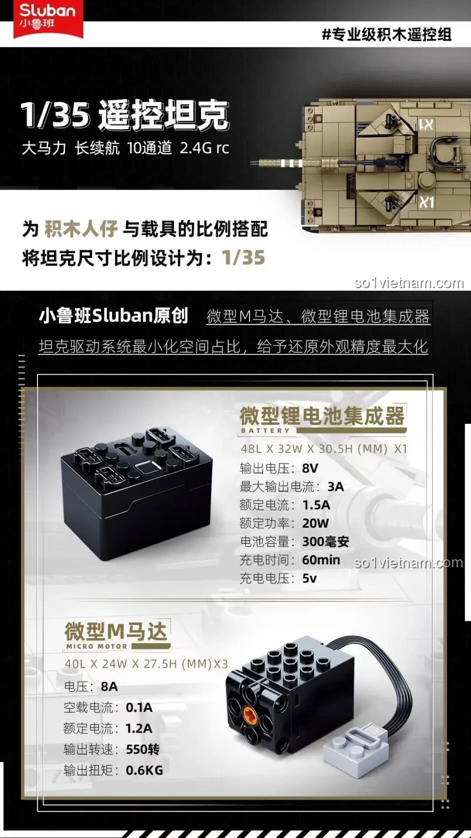 Thông số kỹ thuật của hộp pin và motor vi mô trong bộ Sluban, mô tả chi tiết về điện áp, công suất và kích thước.