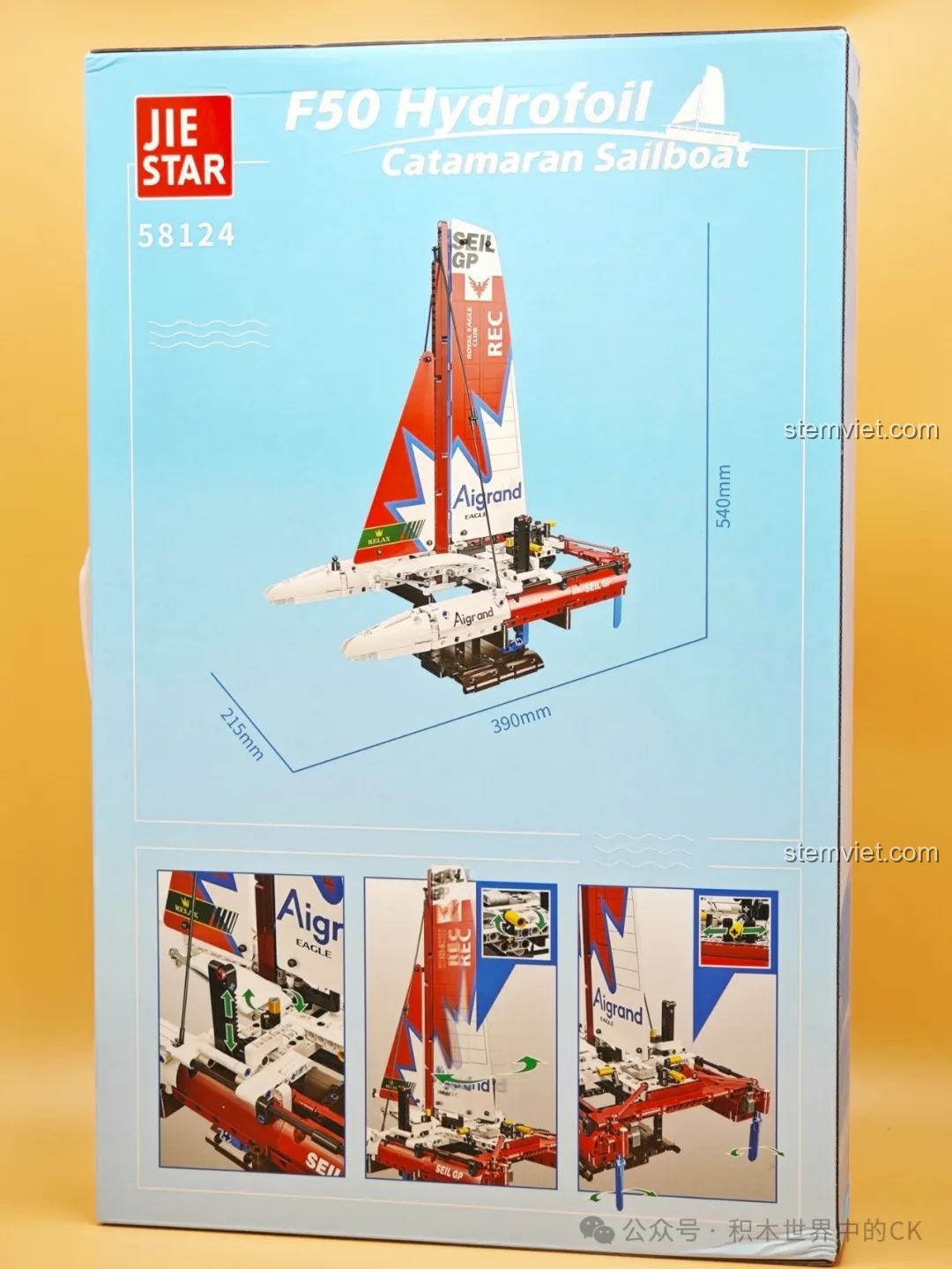 Mặt sau hộp JIESTAR 58124 hiển thị kích thước mô hình Thuyền Buồm F50 và các chi tiết chức năng có thể điều khiển được.