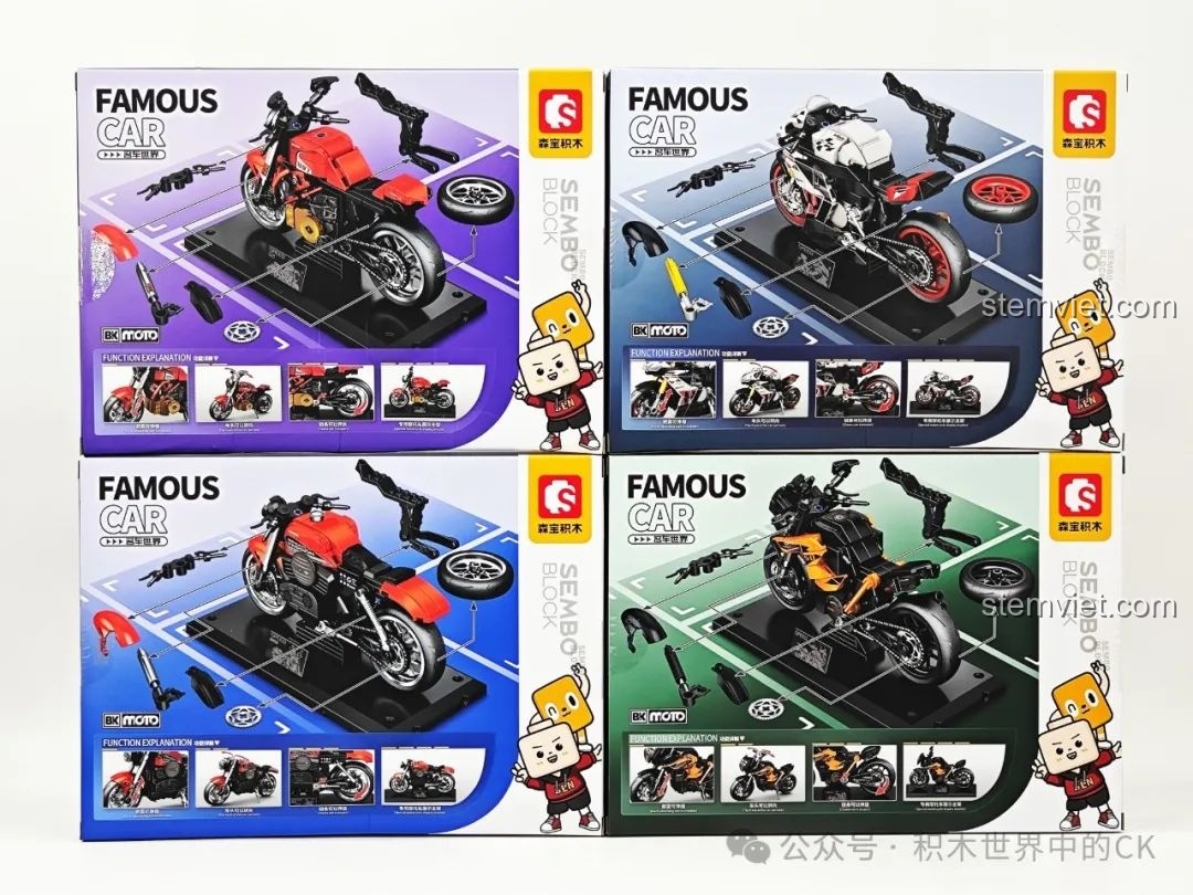 Mặt sau của bốn hộp đồ chơi lắp ghép mô tô SEMBO, hiển thị các chi tiết và chức năng của từng mô hình xe.