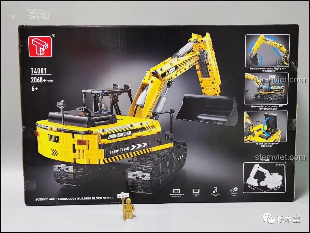 Mặt sau hộp Taigaole T4001, minh họa các tính năng xoay 360 độ, gầu đào và kích thước mô hình.