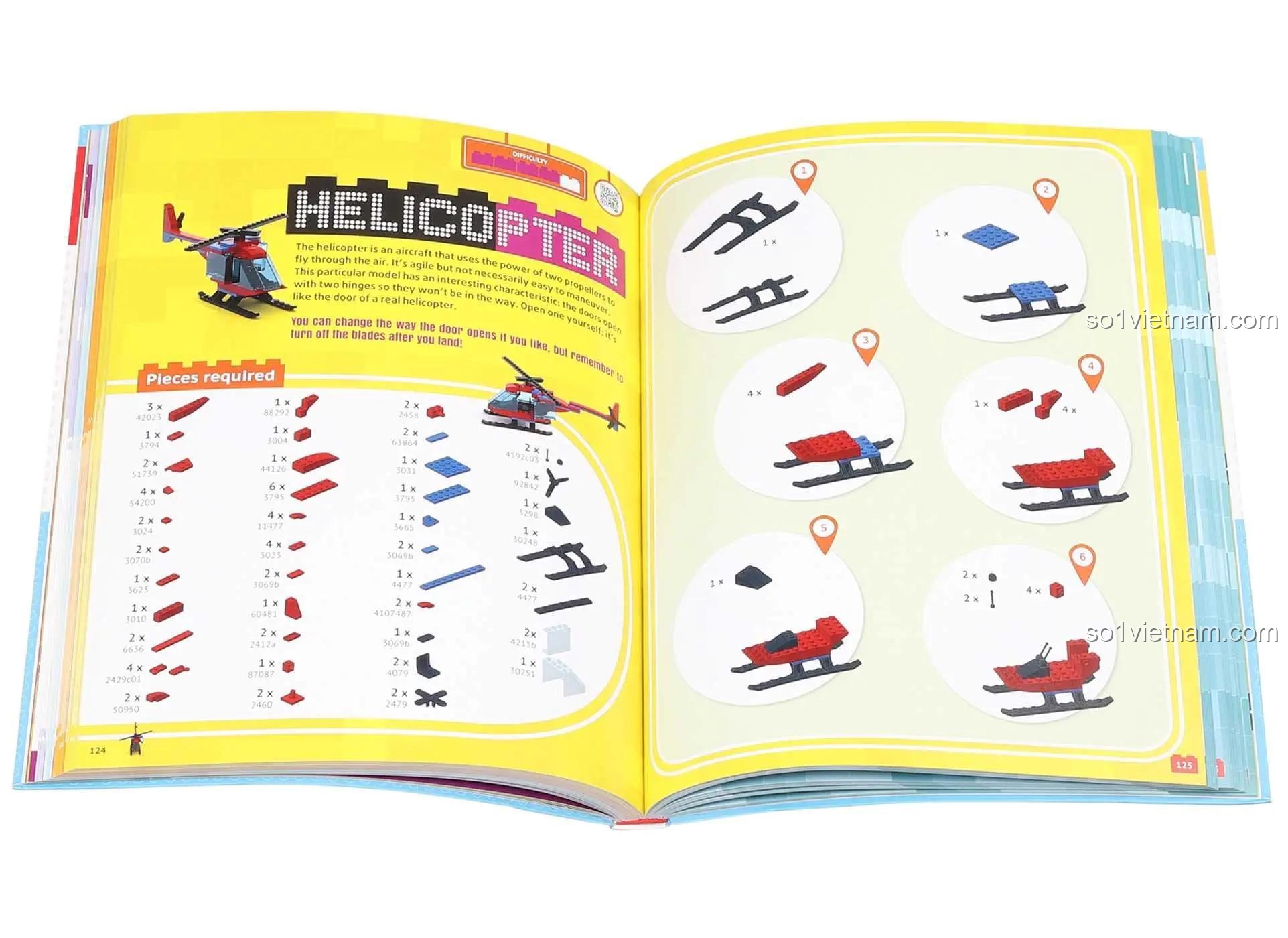 Hướng dẫn lắp ráp máy bay trực thăng từ sách sáng tạo LEGO® Thunder Bay Press, chi tiết từng mảnh ghép, phù hợp bé trai 6 tuổi.