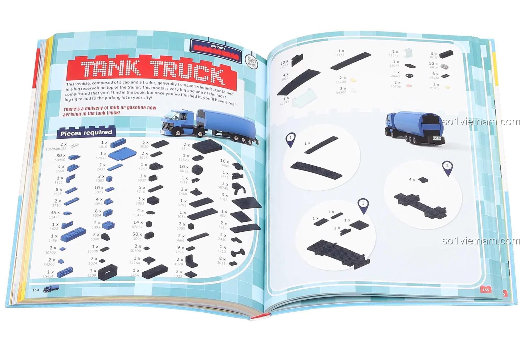 Hướng dẫn lắp ráp xe bồn từ cẩm nang lắp ghép LEGO® Thunder Bay Press, chi tiết các khối lắp ghép, rèn luyện kiên nhẫn cho trẻ 6 tuổi.