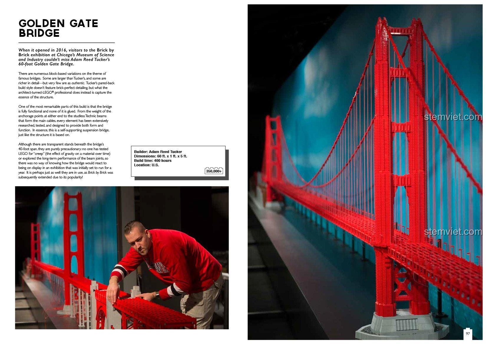 Trang sách Thunder Bay Press ISBN9781784722395 Sách tham khảo LEGO® giới thiệu mô hình Cầu Cổng Vàng Golden Gate Bridge.