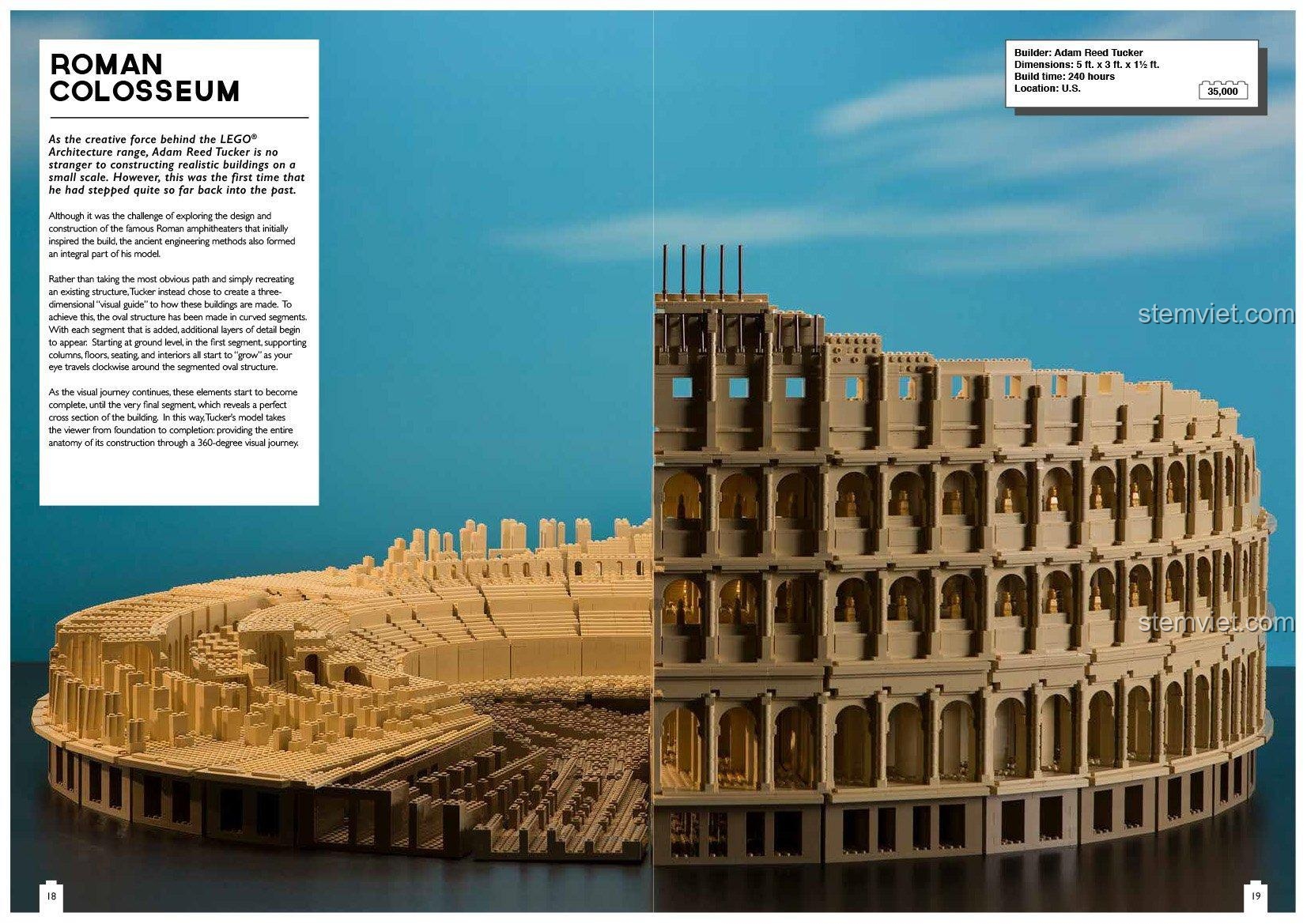 Trang sách Sách nghệ thuật LEGO® Thunder Bay Press giới thiệu mô hình Đấu trường La Mã Colosseum cực chi tiết.