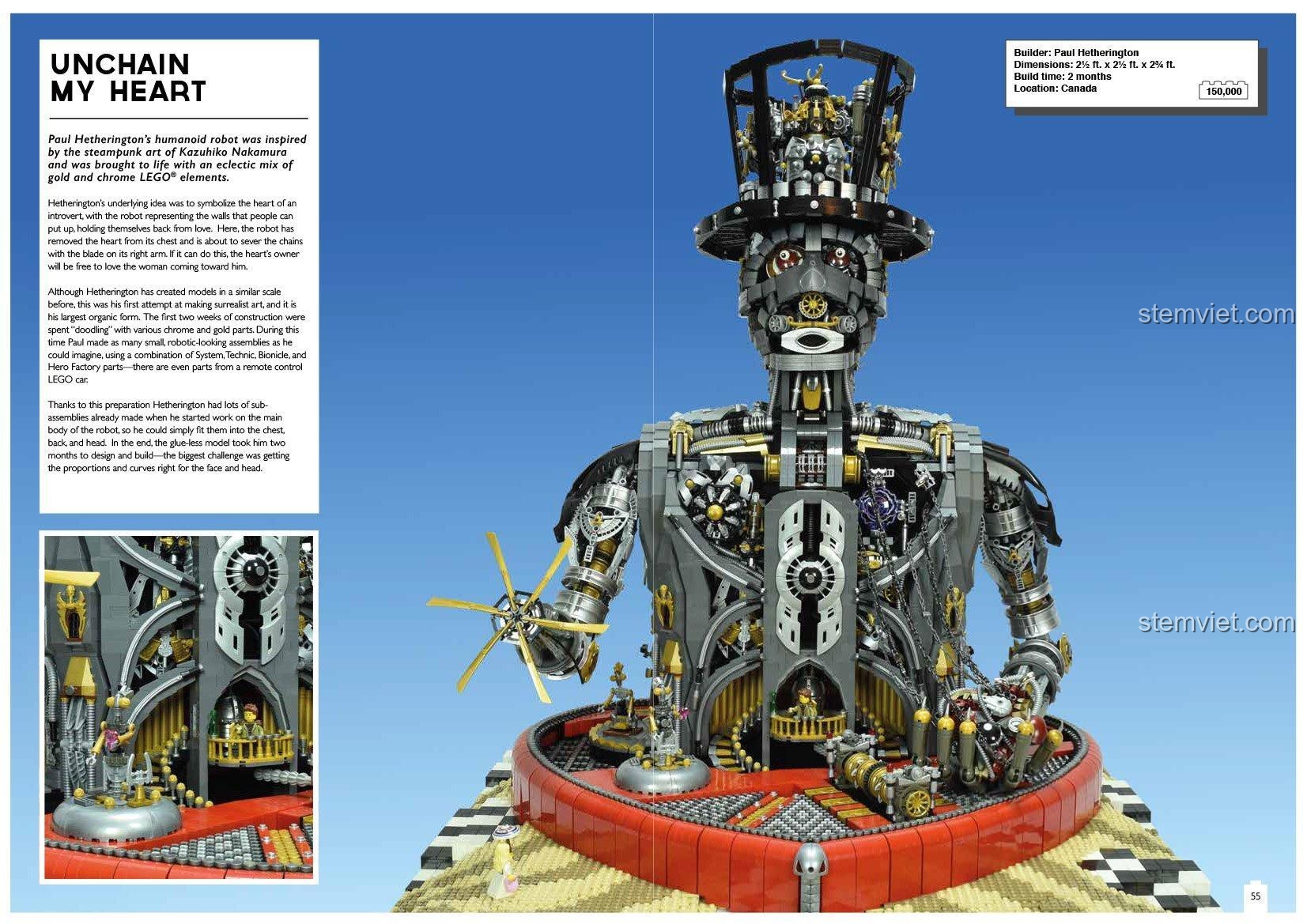 Trang sách ảnh LEGO® Thunder Bay Press trưng bày robot steampunk 'Unchain My Heart' cực kỳ chi tiết.