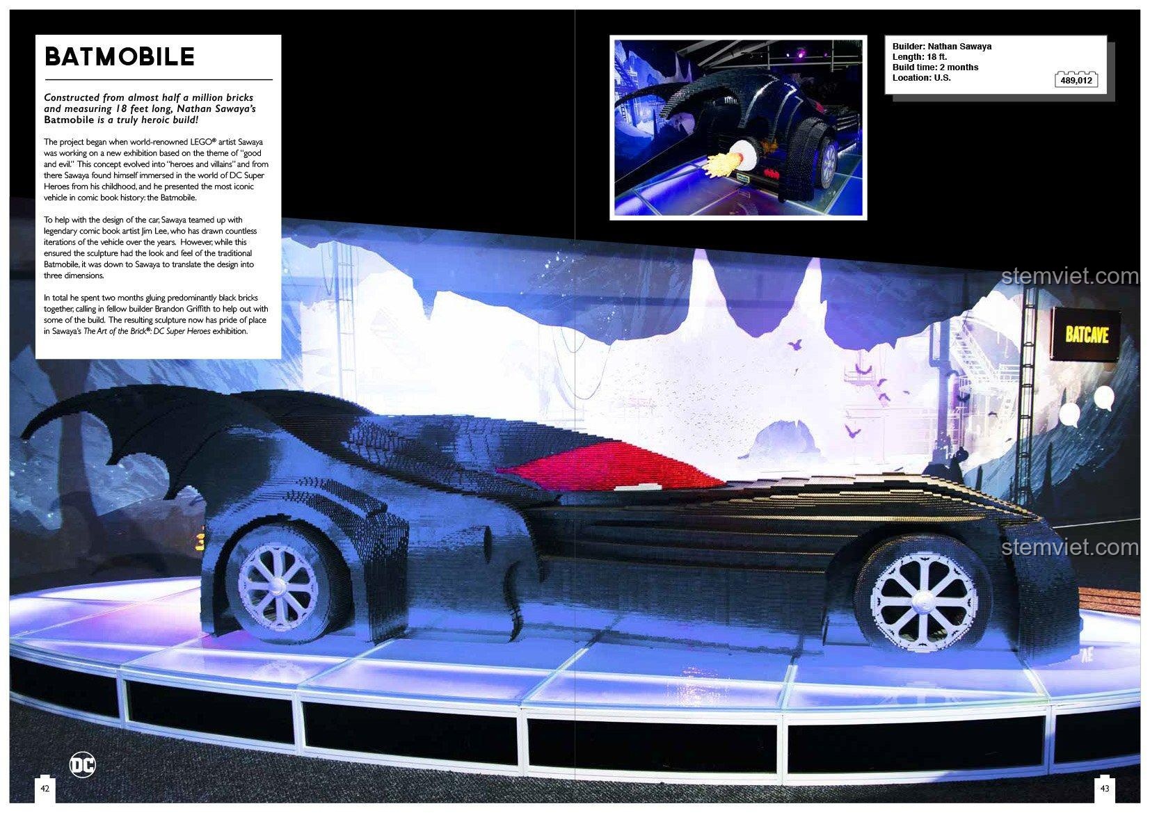 Trang sách Tuyển tập mô hình LEGO® đẹp Thunder Bay Press trưng bày mô hình xe Batmobile kích thước thật.