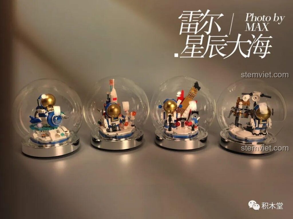 Toàn cảnh 4 mô hình "Tinh Cầu Đại Dương" của Leier Entertainment với hiệu ứng ánh sáng lung linh.
