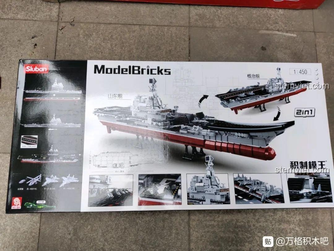 Mặt sau hộp bộ lắp ráp Sluban M38-B0698 hiển thị tính năng 2 trong 1 và các chi tiết cận cảnh của mô hình.