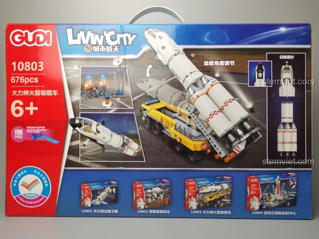 Mặt sau hộp đồ chơi mô hình tàu vũ trụ 10803, mô tả các cơ chế hoạt động và các bộ khác trong cùng series.