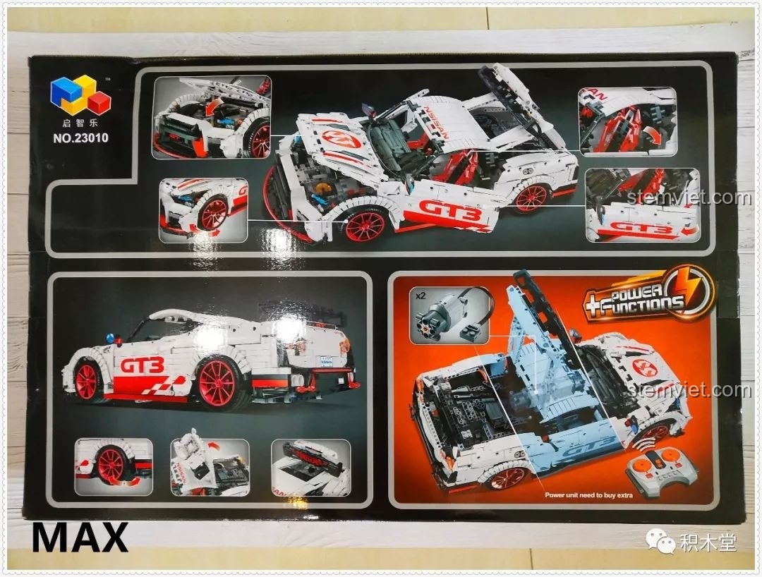 Mặt sau hộp bộ lắp ráp Qizhile 23010 Nissan GT-R, hiển thị các tính năng chi tiết và khả năng nâng cấp Power Functions.