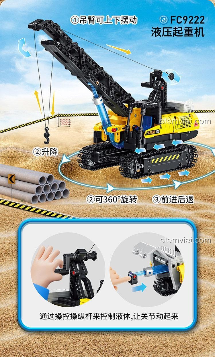 Các tính năng của đồ chơi mô hình Cần cẩu thủy lực Forange FC9222: nâng hạ, xoay 360 độ, di chuyển.