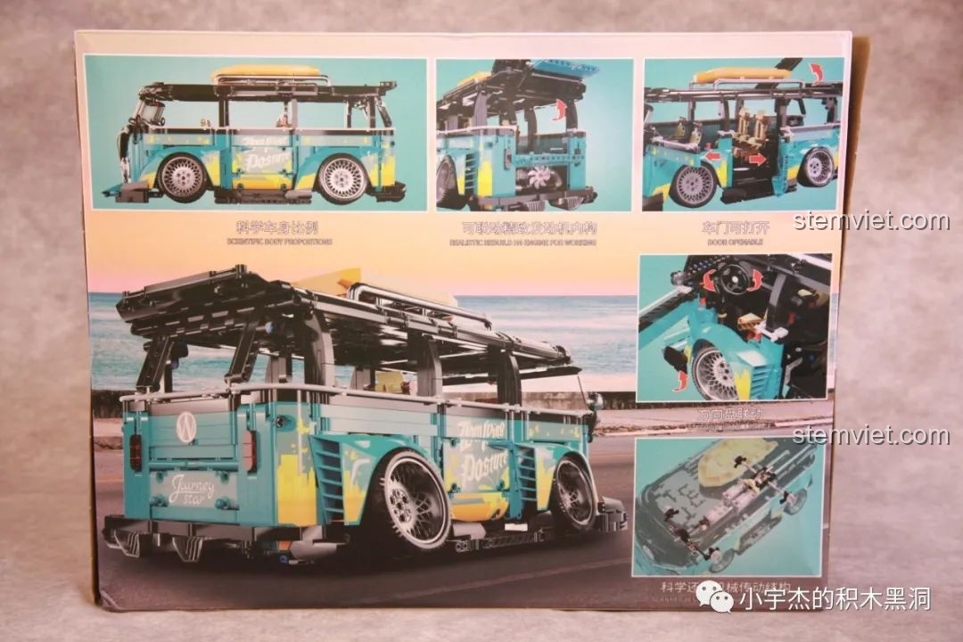Mặt sau hộp bộ lắp ráp K Box 10510 giới thiệu các góc nhìn và chi tiết chức năng của xe cắm trại cổ điển.