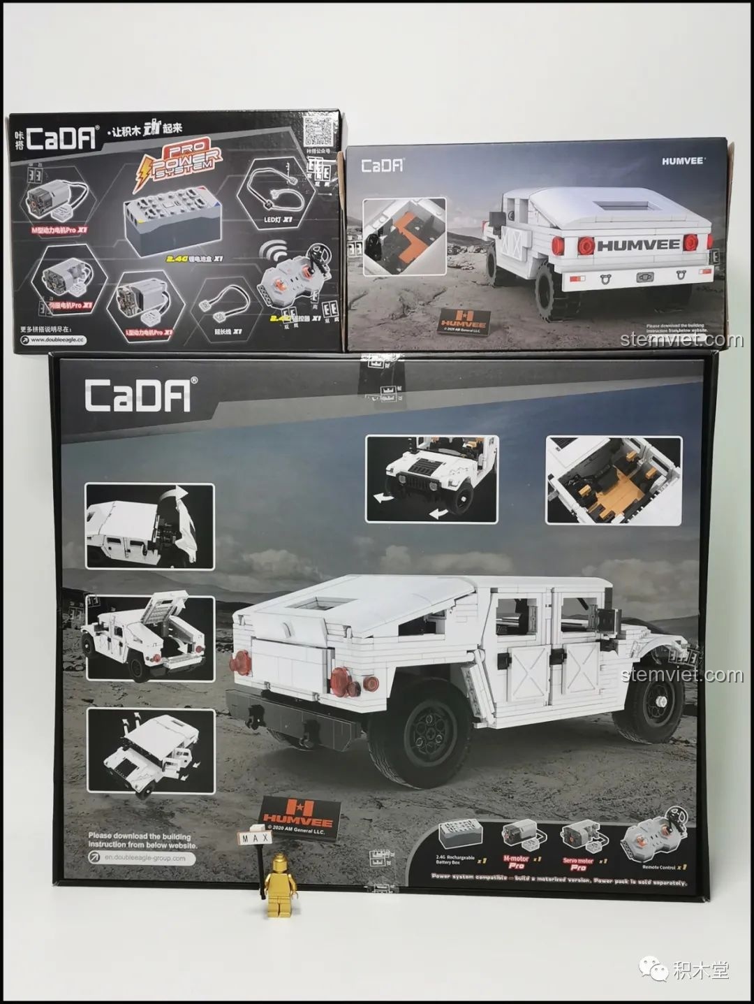 Mặt sau của các hộp đồ chơi CaDA Humvee hiển thị các tính năng có thể tương tác của mô hình xe HMMWV C55022.