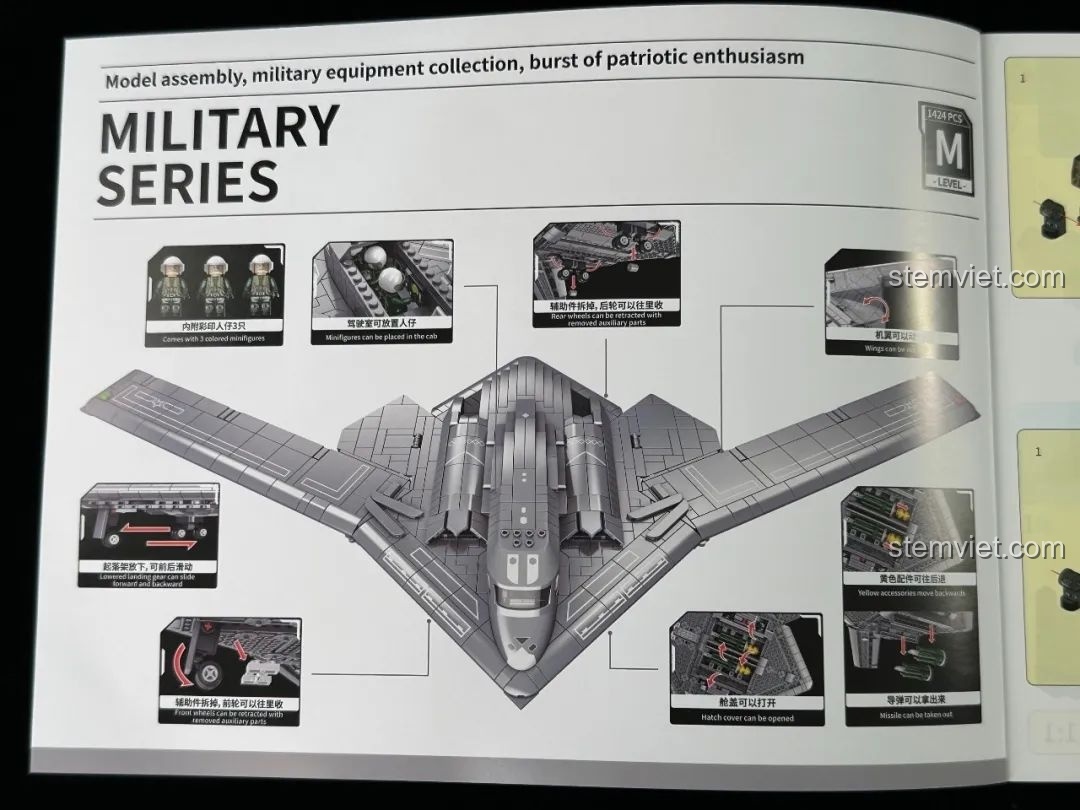 Một trang trong sách hướng dẫn của bộ đồ chơi mô hình Đại bàng tàng H-20 Panlos Brick, mô tả các chức năng.
